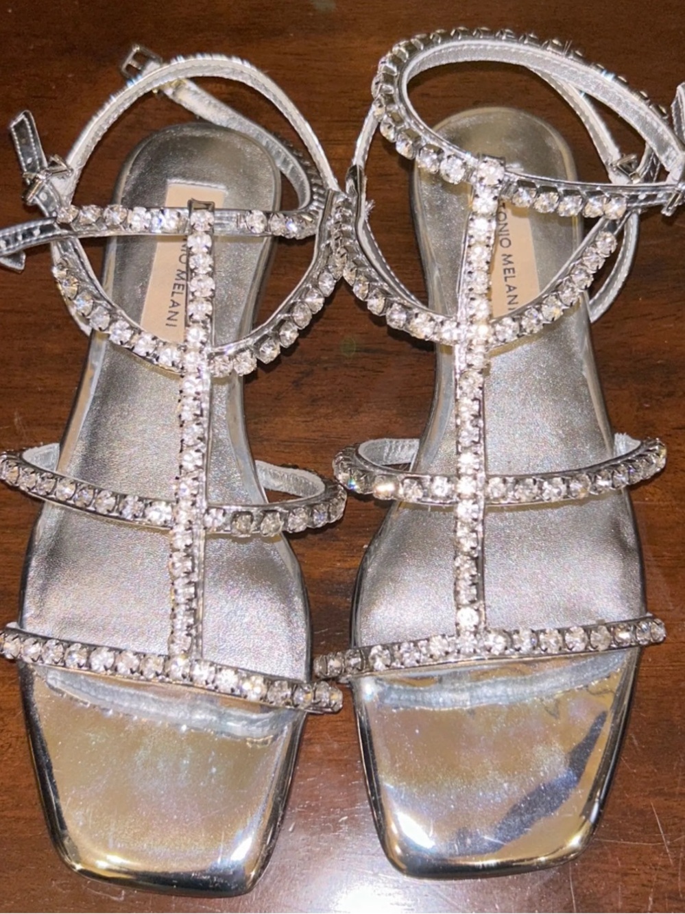 ANTONIO MELANI Silver Crystal-Embellished Leather Strappy Flat Sandals R- $139
